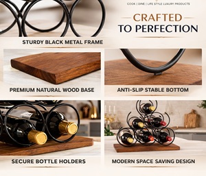 Porte-bouteilles en métal vintage avec base en bois |   Support à vin à trois niveaux pour comptoir, cuisine, bar ou table à manger - Product Image 6