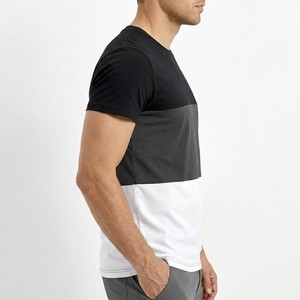 Nouveau T-shirt pour homme à blocs de couleur, manches courtes, col rond, coupe classique, tricoté, style décontracté, noir, gris, blanc, design uni - Product Image 3