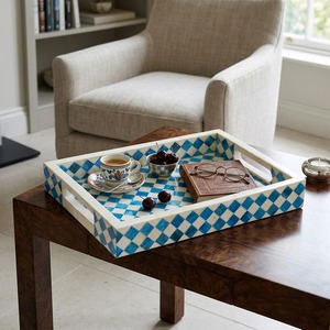 Luxury Handmade Blue White Bone Inlay Serving <b>Tray</b> Square <b>Decorative</b> <b>Coffee</b> <b>Table</b> Ottoman <b>Tray</b> Wooden Breakfast Tea Serving <b>Tray</b> - Product Image 2