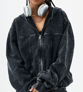Sweat-shirt court zippé à capuche en molleton pour femme, style streetwear, de marque tendance, avec poche imprimée, broderie et design délavé - Product Image 2