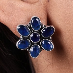 Trendy Antique <b>Silver</b> Brass Multi Stone Flower <b>Stud</b> Earrings Wholesale | Indian Ethnic Boho Manufacturer | Factory Direct Supply - Product Image 3