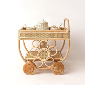 New design handmade toys natural rattan two-tiered rolling cart for kids play <b>serving</b> <b>trolley</b> carts - Product Image 2