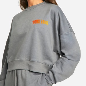 Sweat-shirt gris à col rond pour femme, logo personnalisé imprimé, manches longues, vêtement décontracté d'automne, 100% coton tricoté respirant, longueur courte - Product Image 6