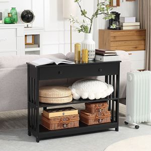 "Contemporary Farmhouse Entryway <b>Console</b> <b>Table</b> with 2 Shelves & Drawers <b>Black</b>" - Product Image 2