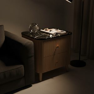 Mesa Auxiliar/De Noche Moderna con 2 Cajones y 5+ Compartimentos, Ecológica, de MDF de Acacia, Chapa de Roble Macizo y Tapa de Mármol para Salas de Estar/Comedores - Product Image 4