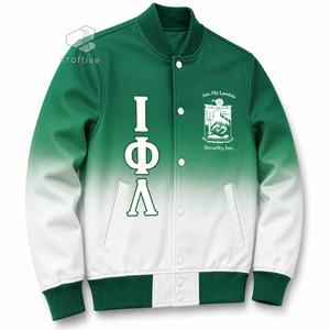 เสื้อแจ็คเก็ตวาร์ซิตี้ผ้าซาตินออมเบรสำหรับผู้หญิง Iota Phi Lambda ปักลายตัวอักษรกรีก กระดุมแป๊ก คอเสื้อและปลายแขนเสื้อถักแบบริบ เสื้อแจ็คเก็ตเลตเตอร์แมน - Product Image 2