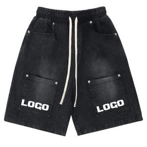 Pantalones Cortos de Algodón para Hombre, Estilo Vintage, con Efecto Desgastado por el Sol, Lavado Ácido, Estilo Urbano, con Cordón Grueso y Parches Aplicados - Product Image 1