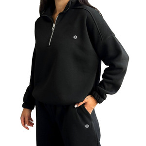 Ensemble sweat-shirt et jogging pour femme, noir, demi-zip, tissu polaire doux, coupe décontractée, vêtements de détente, production en gros OEM - Product Image 4
