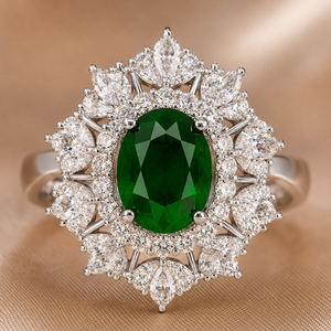 Lab Green Emerald & Lab Grown Diamond <b>Cocktail</b> <b>Ring</b> 14KT White <b>Gold</b> Oval Emerald Floral Halo Statement <b>Ring</b> OEM ODM Fine Jewel - Product Image 1