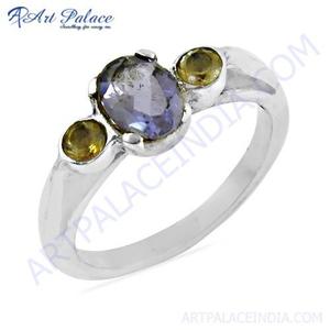 Bague unisexe Art Palace en argent plaqué 925 avec trois pierres, ovale naturelle, iolite et citrine, sertie clos, minimaliste, certifiée par un tiers - Product Image 2