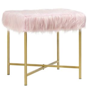 Pouf ottoman luxueux en fausse fourrure avec base en métal doré - Product Image 6