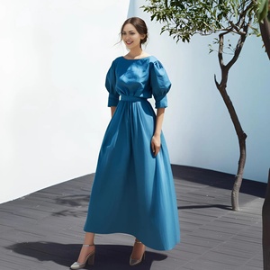 Vestido Midi Azul Satinado con Cuello en V, Manga Campana, Corte A, Cintura Alta, Cinturón, Ajuste Holgado, Casual, Para Todas las Estaciones, Liso Teñido, Hecho a Mano, con Lazo para Mujer - Product Image 1