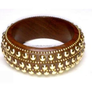 Brazaletes de madera hechos a mano con incrustaciones de metal plateado, venta al por mayor, joyería de madera natural para mujer, moda moderna - Product Image 2