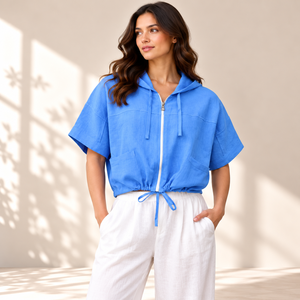 Women's 100% Pure <b>Linen</b> Solid Pattern Hooded Crop <b>Top</b> Short Sleeve Zip Drawstring Waist Loose Fit Eco-Friendly Casual Shirt - Product Image 1