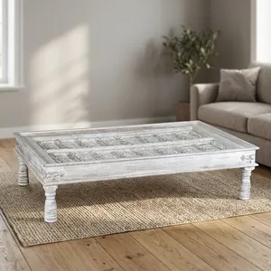 Mesa de Centro Rectangular de Madera Maciza Tallada a Mano, Muebles Rústicos de Estilo Campestre para Sala de Estar, Comedor, Hogar, Hotel, Decoración - Product Image 3