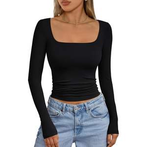 FOXA 2025 Queen Womens Crop Slim Fit Camisetas básicas Manga larga Cuello cuadrado Casual Layer Tops - Product Image 1