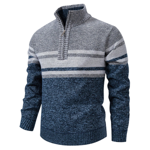 Pull en maille rayé pour homme, demi-zip, 12GG, 100% polyester, logo frontal, col standard, hiver, décontracté, business - Product Image 1