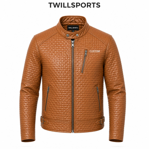 Blouson Moto Homme TwillSports en Cuir PU Marron Col Montant Matelassé Fermeture Éclair Avant Logo Personnalisé Coupe Ajustée Vêtement d'extérieur - Product Image 1