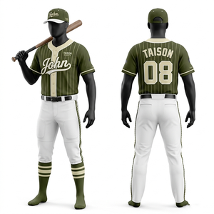 Uniforme de baseball personnalisé pour hommes, 260 GSM, polyester, rayures vert olive et blanc, broderie sublimée, twill, ensemble d'équipe - Product Image 1