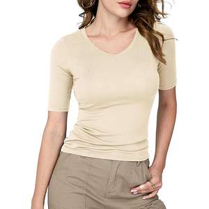 T-shirt pour femme à col en V, de haute qualité, doux, respirant, vêtements d'été pour femme, tendance, couleur unie, chemise pour femme - Product Image 1