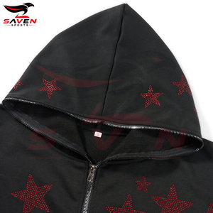 Sweat à capuche zippé pour homme de haute qualité, noir, avec motif graphique en strass, tissu épais, motif étoile rouge, effet diamant brillant, style streetwear. - Product Image 4