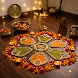 Tapis Rangoli traditionnel en tissu avec motif de pétales de fleurs, couleur orange et verte, décoration pour mariage, festival, entrée. - Product Image 2