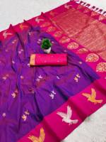 Sari indien en soie douce de qualité supérieure, violet rose, avec tissage Zari, motif oiseaux, tissage uni, jupe drapée, pour mariage et festivals
