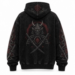 Sweat à capuche oversize noir en coton délavé de qualité supérieure avec imprimé démon Oni et motif épée de samouraï, streetwear, pull pour homme, vêtements d'hiver - Product Image 4