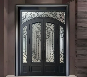 Royal Luxury Traditional Wrought Iron Water Resistant Entry Door Geometric Glass Panels Arched Design <b>Swing</b> Style Exterior Door - Product Image 2