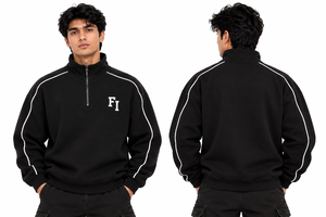 Men's Half Zip Pullover Sweatshirt Black Stand Collar Long Sleeve <b>Raglan</b> <b>Top</b> White Piping Relaxed Fit Streetwear Custom Logo USA - Product Image 3
