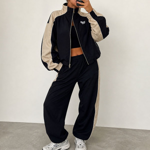 Custom Women Cropped Track <b>Jacket</b> Set Lightweight Contrast Panel Windbreaker Tracksuit OEM Zipper Front Stand Collar Hoodies USA - Product Image 6