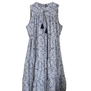 Hand Block Print Flowery Look Casual <b>Ruffle</b> Knee-Length Indian Long Sleeve Henley Neckline Tassel Summer <b>Dress</b> Natural Waist - Product Image 1