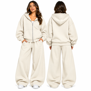 Women's Relaxed Fit Full <b>Zip</b> <b>Hooded</b> Tracksuit Set Oversized Sweatshirt Wide Leg Trousers Drawstring Waist Two Piece Set - Product Image 2