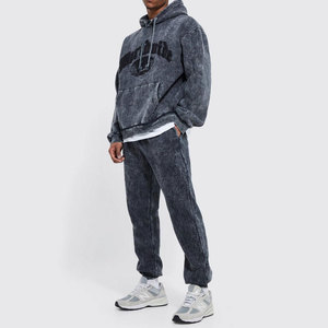 Ensemble de survêtement unisexe pour homme, style streetwear, avec broderie effet vieilli, sweat à capuche zippé et pantalon évasé, respirant, pour l'hiver, délavé à l'acide - Product Image 1