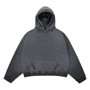Sudadera con capucha lavada con ácido desgastada de peso pesado para hombre con logotipo bordado personalizado térmico Diseño de corte y costura de parche vintage - Product Image 1