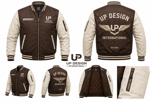 Veste bomber varsity marron crème personnalisée, veste en satin pour homme, col côtelé, doublure matelassée, logo brodé - Product Image 4