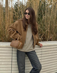 Women Oversized Suedette Bomber <b>Jacket</b> Loose Fit Shirt Collar Zip Front Bubble Hem Casual Outerwear - Product Image 5