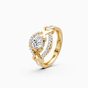 Bague de fiançailles en or jaune avec diamant taille brillant rond, sertissage pavé, halo géométrique, style classique pour femme - Product Image 3