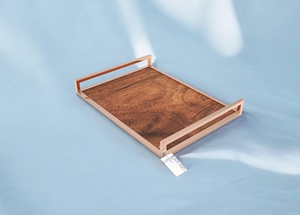 Natural Wood Serving Tray with Elegant Handles Ottoman Coffee <b>Table</b> Decor Rustic Farmhouse Kitchen Accent - Product Image 3
