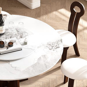 Modern Marble 59\" Round Dining <b>Table</b> with <b>Solid</b> <b>Wood</b> Walnut Base Sturdy Cross Design for 6-8 People Sintered Stone - Product Image 5