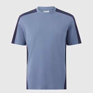 T-shirt décontracté pour homme à col rond, manches courtes, bleu ardoise et bleu marine, avec empiècements latéraux, en coton, personnalisable avec logo, OEM, ODM, vente en gros - Product Image 4