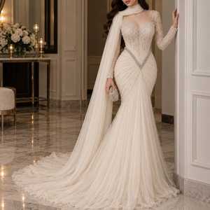 Vestido de Novia Color Marfil con Perlas Bordadas a Mano, Manga Larga Transparente, Corsé con Cuentas, Fular Drapeado, Transpirable para Boda - Product Image 5