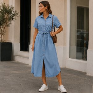 Vestido Camisero de Chambray con Cinturón, Manga Corta, Maxi, Casual, Verano, Cuello con Solapa, Dobladillo Recto, Corte Holgado - Product Image 1