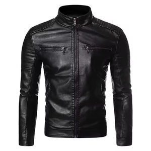 Blouson Moto Unisexe en Cuir Premium, Col Montant, Fermeture Éclair, Couleur Unie, Coupe Ajustée, Style Urbain, Hiver, Logo Avant - Product Image 5