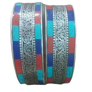 Auspicious Tibetan Buddhist Mantra Carved Silver Plated <b>Copper</b> Alloy Channel Set Turquoise Men's Fashion <b>Bangles</b>-Asthamangal - Product Image 3