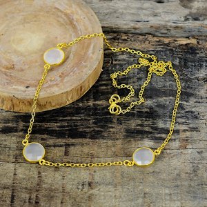 Natural White Onyx Round Shape Charm Gemstone <b>Chain</b> Necklace 18k Gold Micron Over 925 Sterling Silver - Product Image 2