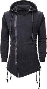 Wholesale Mens <b>Gothic</b> Assassin Robe Hoodie Asymmetric Zipper Longline Fleece <b>Jacket</b> Side Lace Drawstring 100% Cotton Winter - Product Image 4
