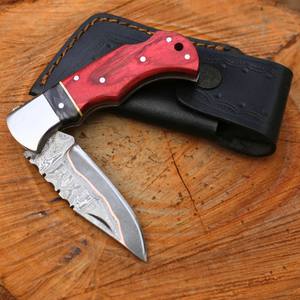 มีดพับอเนกประสงค์เหล็กดามัสกัสทองแดง พร้อมระบบล็อคด้านหลัง ด้ามไม้ปักก้า ปลอกมีดทำจากไม้ปักก้า คุณภาพระดับอุตสาหกรรม Cu Mai สำหรับพกพา EDC ล่าสัตว์ - Product Image 4