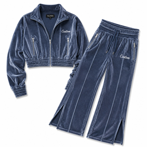 Hot Selling Custom Velour Tracksuit for Women Plus Size Zip-up <b>Embroidery</b> <b>Set</b> Solid Pattern 2 Piece <b>Set</b> Velvet Suit 2026 - Product Image 1