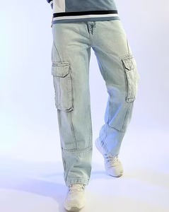 Pantalon large en coton uni, coupe ample, délavé clair, bleu glace, délavé moyen, noir délavé, gris délavé à l'acide, gris délavé à la pierre, blanc, beige - Product Image 1